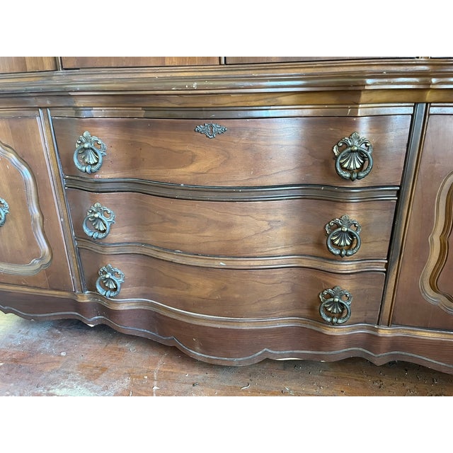 Mid 20th Century Mid 20th Century French Provincial Style China Cabinet — 2-Piece, Brass Lattice Doors, Serpentine Base For Sale - Image 5 of 13