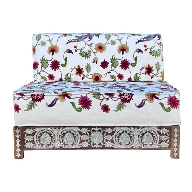 Vintage Mother of Pearl Inlay Bench With Hand Embroidered Suzani-Style Linen Upholstery For Sale - Image 4 of 10