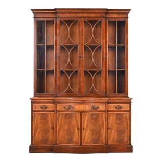 Georgian Carved Flame Mahogany Breakfront Bookcase Cabinet by Fancher, Circa 1940s For Sale