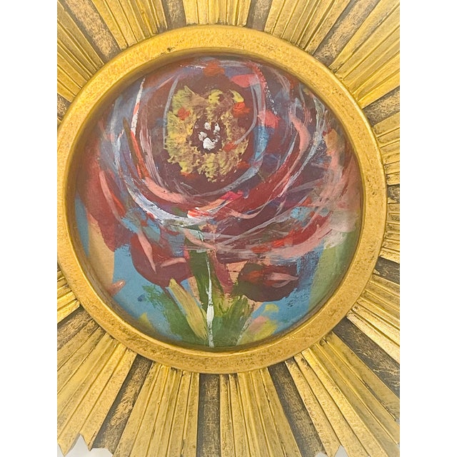1970s Small Sunburst Framed Dark Abstract Floral Painting For Sale - Image 4 of 5
