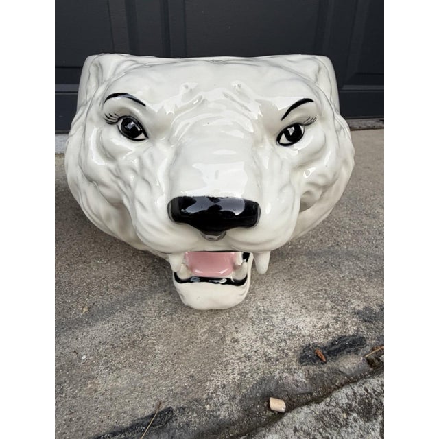 White Pair Vintage Ceramic Roaring Tiger Bear Head Planters MCM Hollywood Regency For Sale - Image 8 of 15
