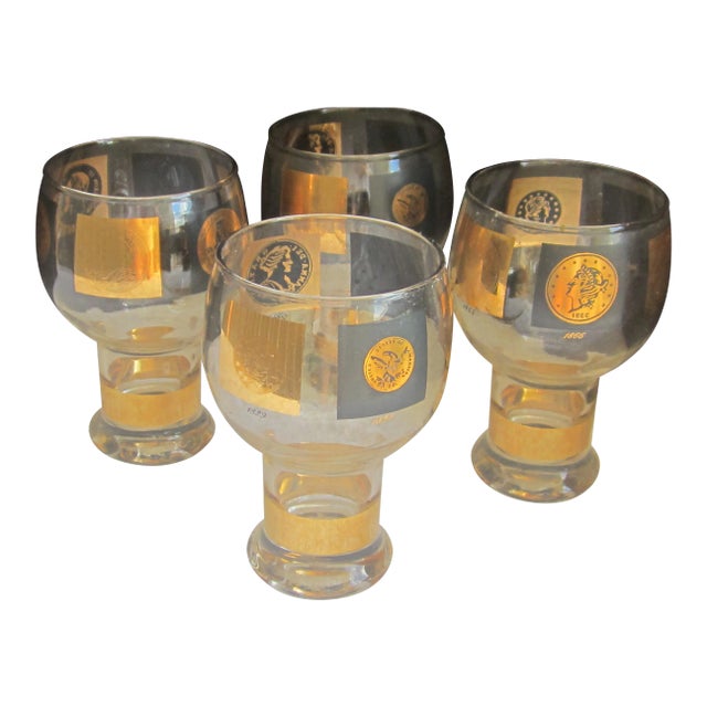1960's 22 Karat Gold Overlay Coin Federated Beer Glasses - Set of 4 For Sale