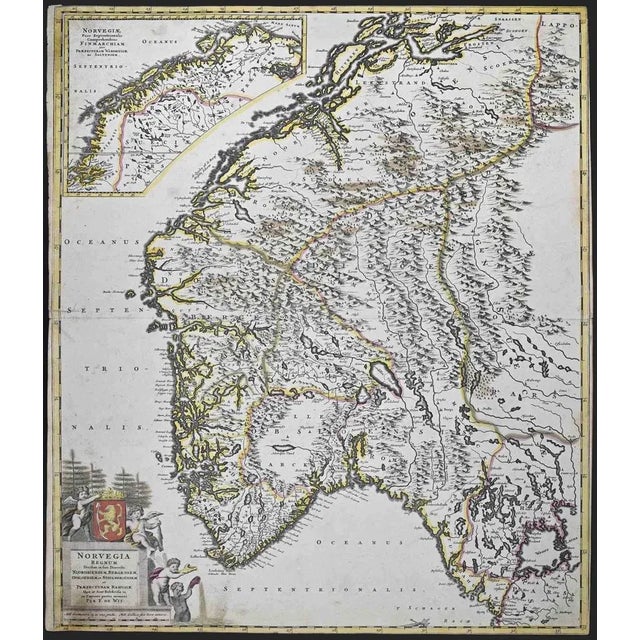 This double-page etching with contemporary coloring, entitled Norvegia Regnum, was realized by the cartographer Frederick...