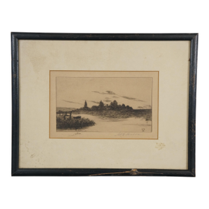 Antique George William Bohde Signed Boat Dock Farm Riverscape Etching 13"