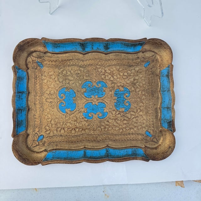 1970s Italian Florentine Blue and Gold Tray For Sale - Image 4 of 5