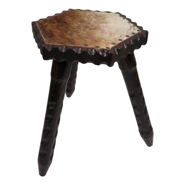 Spanish Vernacular Stool in Carved Wood with Leather Seat, 1960s For Sale