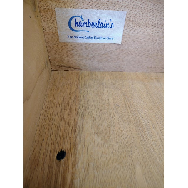 Vintage Chamberlain’s Two-Piece Walnut Display Cabinet With Lighting With Striped Interior For Sale - Image 13 of 14