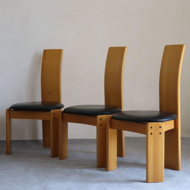 Set of Six 1970s Italian Wood Dining Chairs With Leather Seats ...