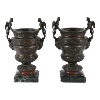 Antique Pair of Urns With Sphinx Handled Bronzes on Marble Bases For Sale