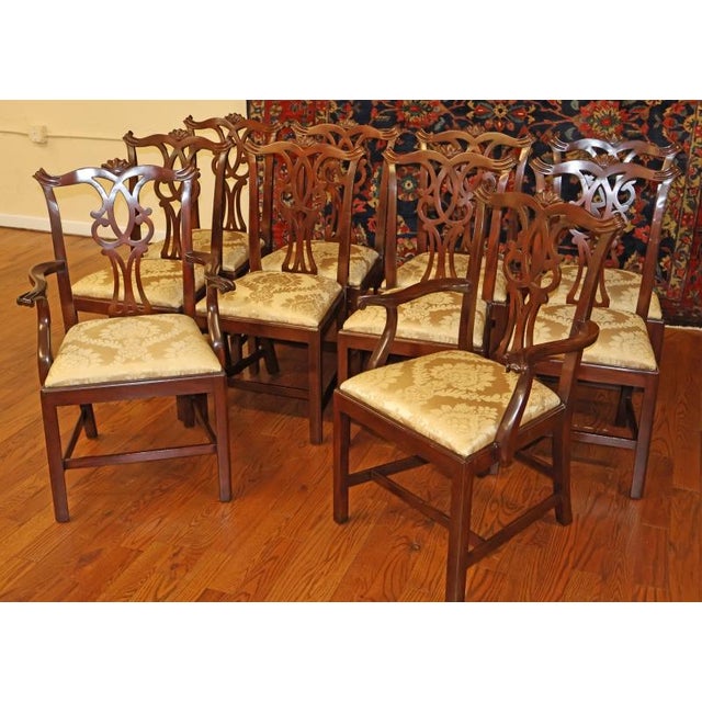 1980s 1980s Set of 10 Kittinger Mahogany Chippendale Dining Chairs With Gold Damask Fabric For Sale - Image 5 of 18