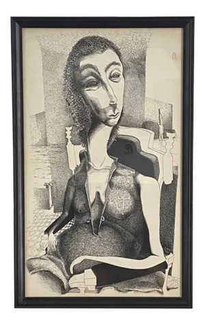 1950s Bobbie Bushong Lithograph of Seated Woman, Framed