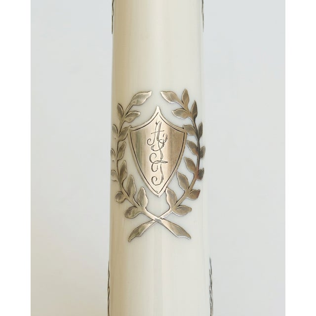 Belleek Pottery Ltd. A Pair of Lenox Belleek Porcelain Candlesticks With Sterling Silver Overlay For Sale - Image 4 of 5