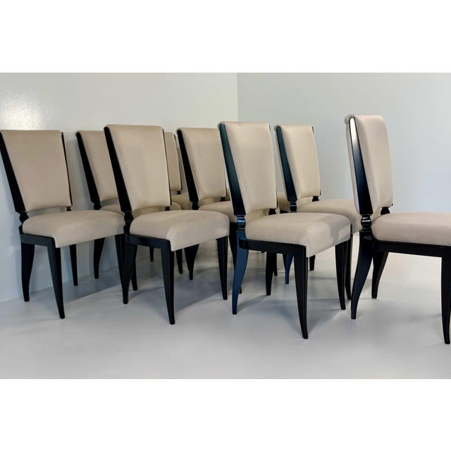 1980s Vintage French Dining Chairs in Black Lacquer and Beige Velvet, 1980s, Set of 10 For Sale - Image 5 of 11