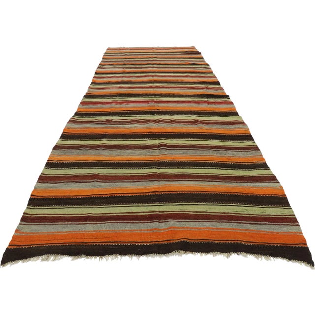 Mid-Century Modern Vintage Turkish Striped Kilim Rug - 04'07 X 12'09 For Sale - Image 3 of 10
