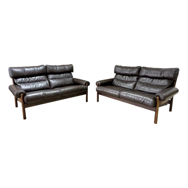 Mid Century Scandinavian Arne Norell Style Leather and Beech Loveseat Pair For Sale