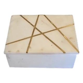 Vintage White Alabaster Jewelry Box Storage Lidded Brass Insert For Sale