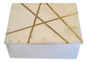 Vintage White Alabaster Jewelry Box Storage Lidded Brass Insert