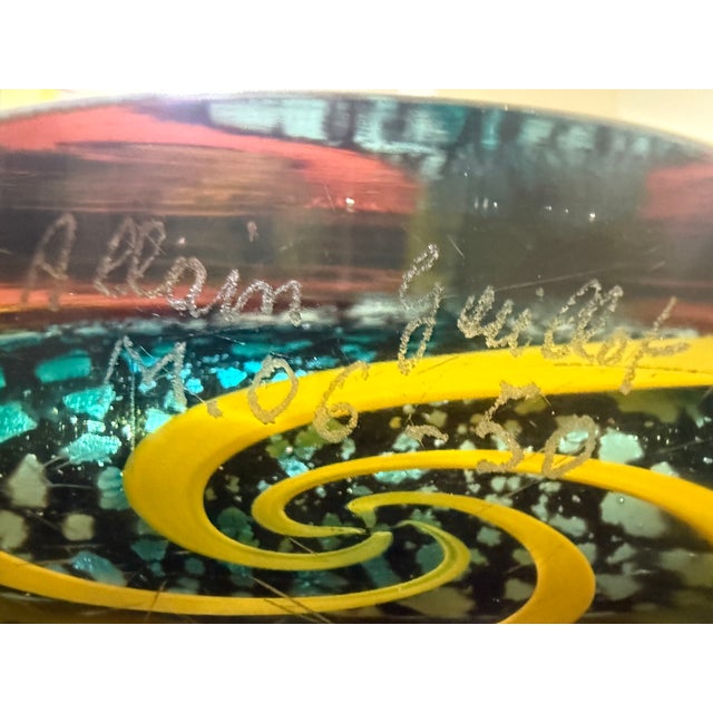 Glass Allain Guillot French Studio Art Glass Vase, Turquoise Foil With Red Murrine and Yellow Bands, Signed m.06-50 For Sale - Image 7 of 11