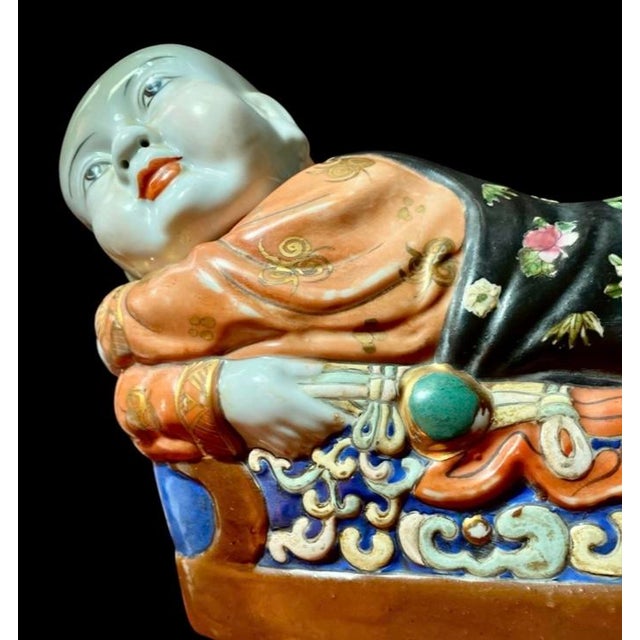 Orange Vintage Chinese Porcelain Figural Pillow, Hand-Painted Boy, 1978 For Sale - Image 8 of 16