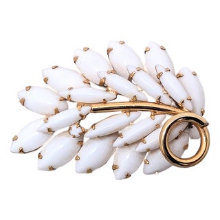 Vintage 1960s Signed Napier Goldtone White Marquise Rhinestone Leaf Brooch For Sale
