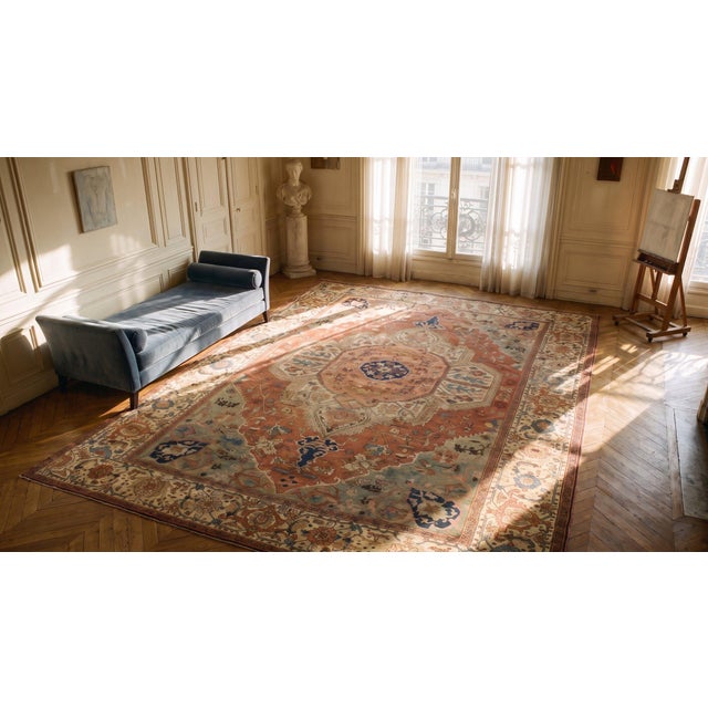 1880s Ivory Salmon Medallion Antique n.w. Persian Serapi Rug 116" X 15'10" Handknotted Wool Carpet For Sale - Image 11 of 12