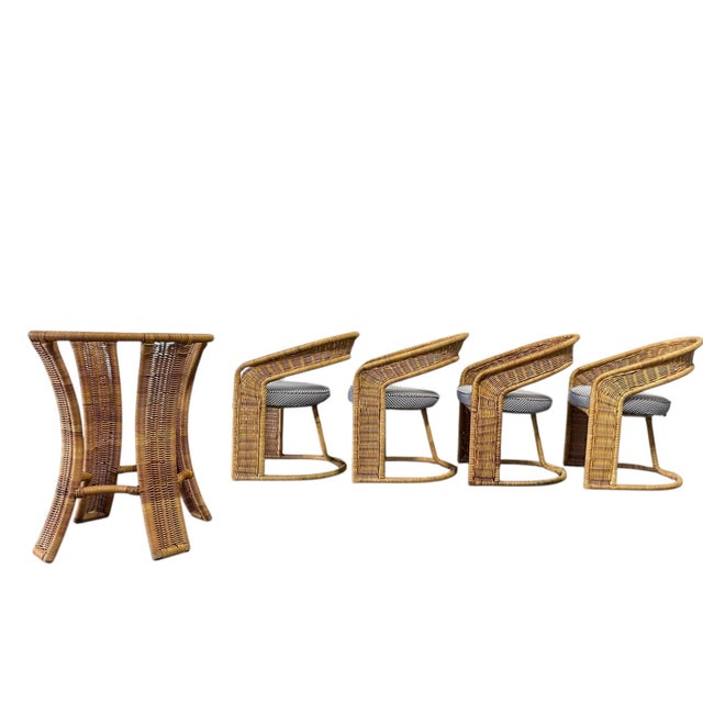 Vintage Sculptural Wicker Five Piece Dining Set | Coastal, Modern, Palm Beach Regency For Sale - Image 4 of 12