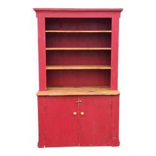 French Made Reclaimed Wood & Painted Red Country Primitive Pantry Hutch C1980s For Sale