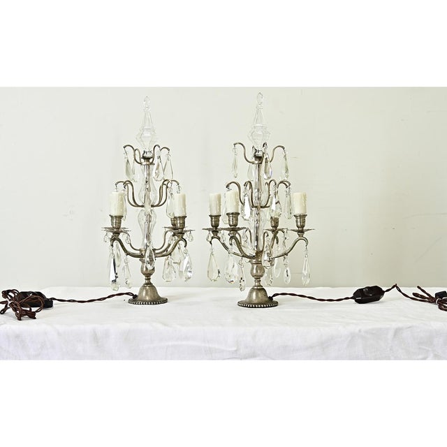 French French 19th Century Pair of Crystal Girandole Lamps For Sale - Image 3 of 12