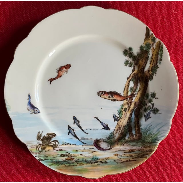 Ceramic Antique Late 19th Century French Limoges Porcelain Plates With Hand Painted Fish - A Pair For Sale - Image 7 of 9