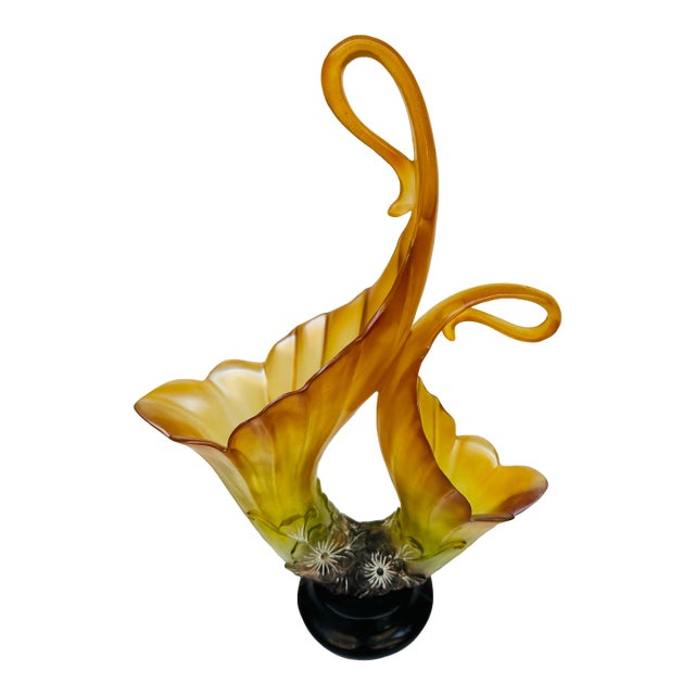 Large Sculptural Art Glass Centerpiece Vase With Pearlescent Amber Tones, 17.5” Tall For Sale