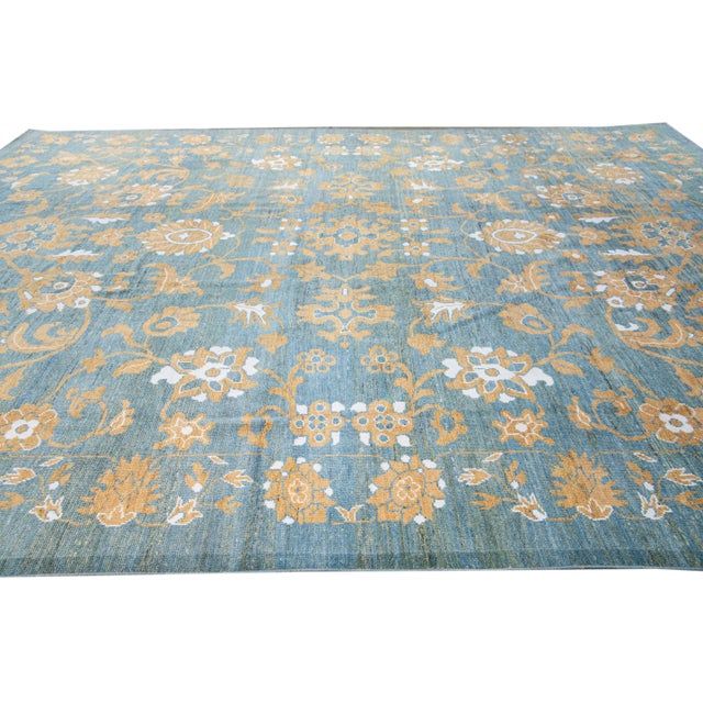 Modern Oversize Oushak Blue Handmade Tribal Floral Wool Rug For Sale In New York - Image 6 of 10