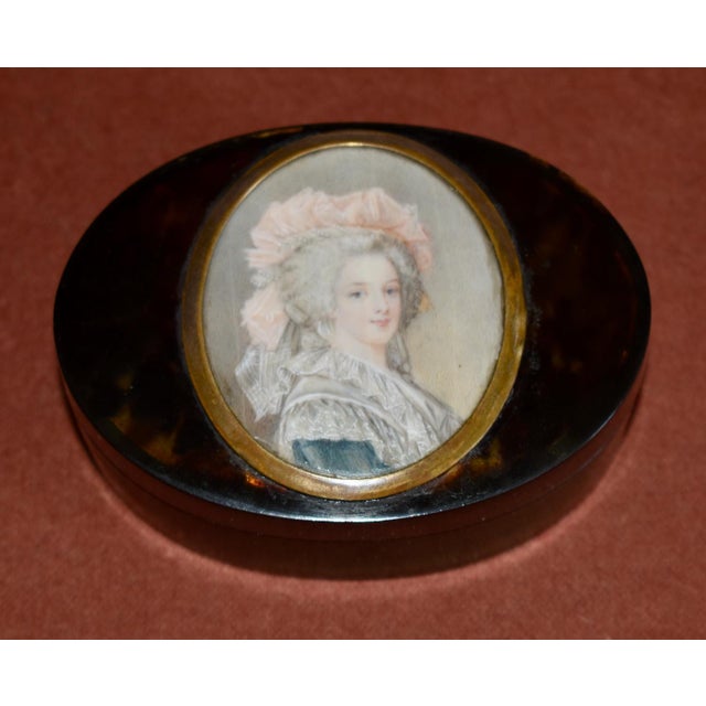 Brown Antique Tortoiseshell Ivory Box French Hand Painted Portrait Miniature Lady For Sale - Image 8 of 15