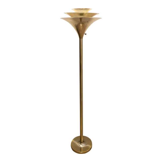 Vintage Art Deco/Mid Century Modern Torchiere Brass-Finish Floor Lamp For Sale