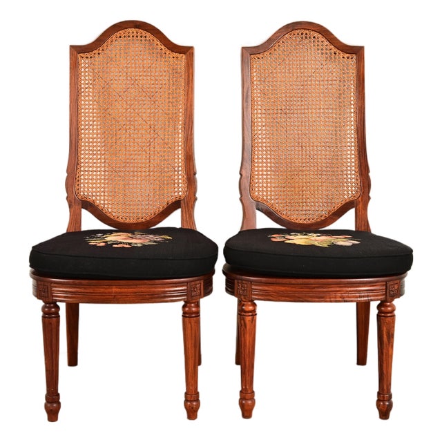 Karges Style French Regency Louis XVI Carved Solid Teak and Cane Back Side Chairs or Dining Chairs, Pair For Sale