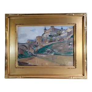 1912 Post Impressionist Toledo Castle Original Oil on Canvas Signed Jules Pagès