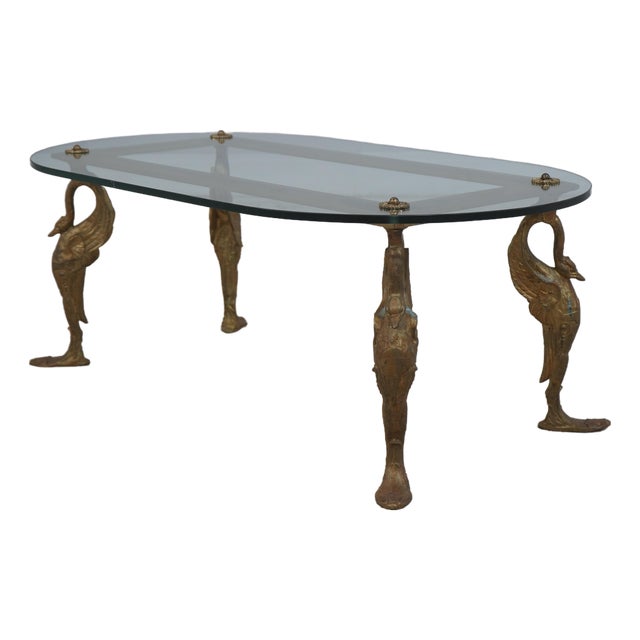 Vintage Bronze Swan Frame Glass Top Coffee Table For Sale