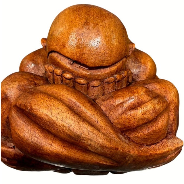 1970s Vintage Hand Carved Wood Hotei Budai Laughing Buddha Seated Sculpture 7.5" For Sale - Image 5 of 10