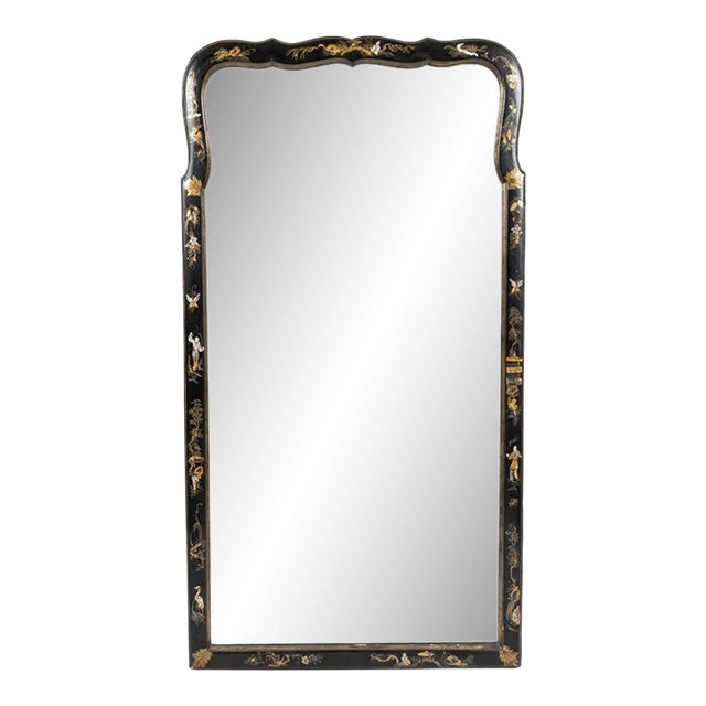 Vintage Friedman Brothers Chinoiserie Black Lacquer & Gold Pagoda Motif Wall Mirror, Circa 1960s-1980s For Sale