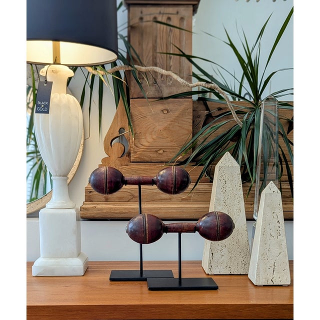 Small Antique Wooden Dumb Bell on Iron Stand – Vintage Gym Décor, Sculptural Object, Industrial Accent For Sale In San Francisco - Image 6 of 6