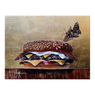 Contemporary Realist Still Life Acrylic Painting, "Smash-Burger With Butterfly" For Sale