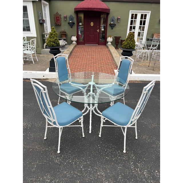 White Chinese Chippendale Bamboo Patio Set by Kessler. Fabulous high back Wedgewood blue vinyl seats with Chinese...