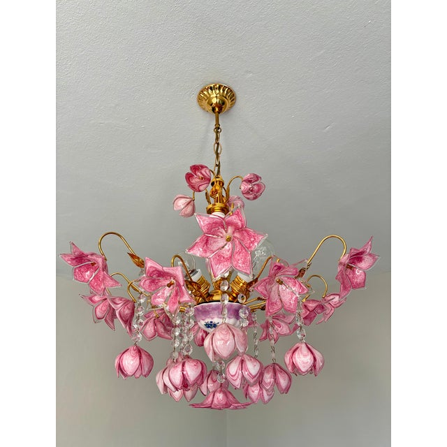 Glass Vintage Murano Style Large Chandelier, Pink Floral Chandelier, Bouquet Style Ceiling Light, 4-Light Flush Mount For Sale - Image 7 of 16