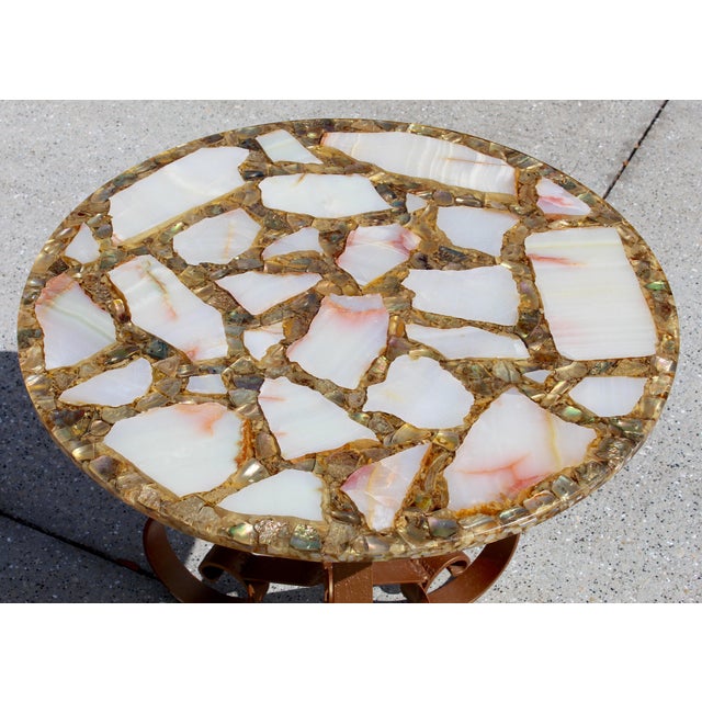 1960s Vintage Agate, Onyx & Abalone Mosaic Side Table With Wrought Iron Base – Hollywood Regency / Mexican Modern For Sale - Image 5 of 17