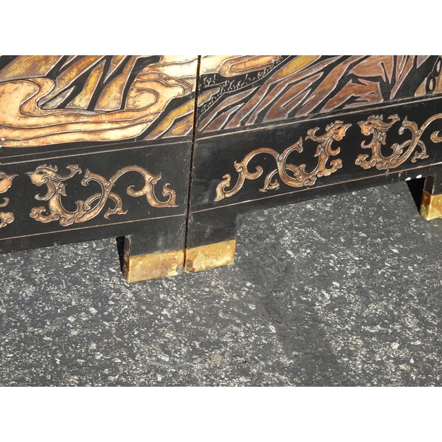 Vintage Oriental Asian Palace City Coromandel Chinoiserie Black Six Panel Screen For Sale - Image 16 of 17