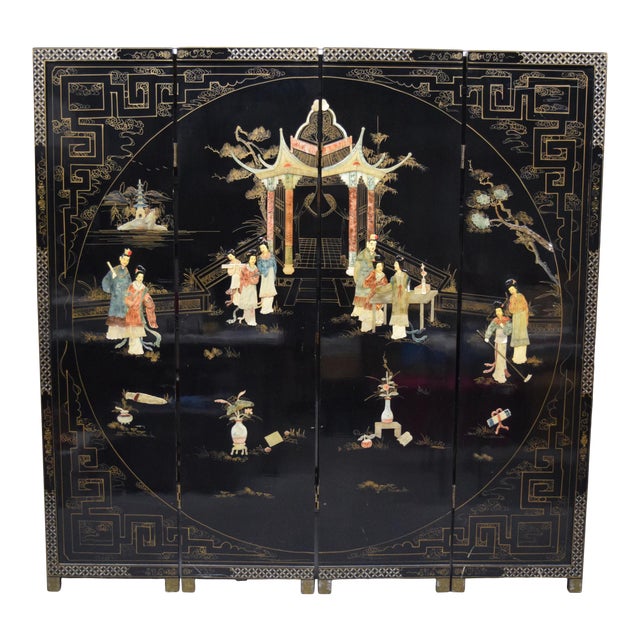 Chinese 4-Panel Stone Inlay Lacquered Scenic Wooden Folding Floor Screen Room Divider For Sale