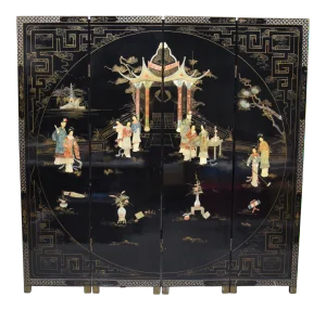 Chinese 4-Panel Stone Inlay Lacquered Scenic Wooden Folding Floor Screen Room Divider