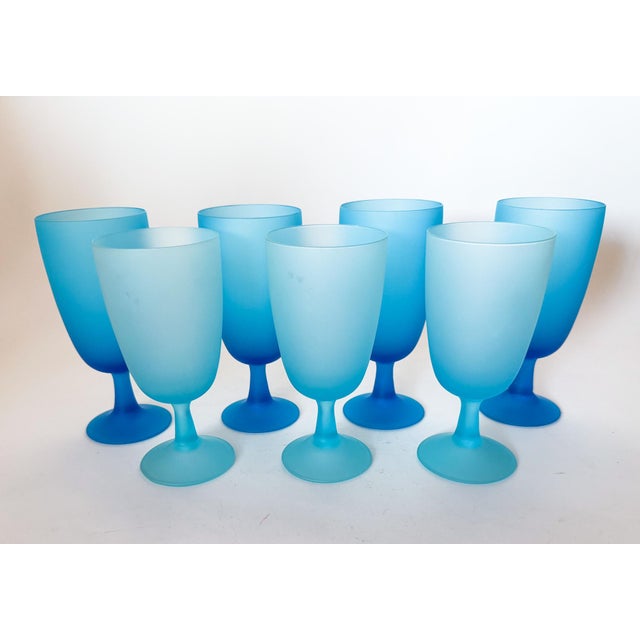 1960s Carlo Moretti Italy Satinato Frosted Blue Wine Water Glasses - Set of 7 For Sale - Image 10 of 12