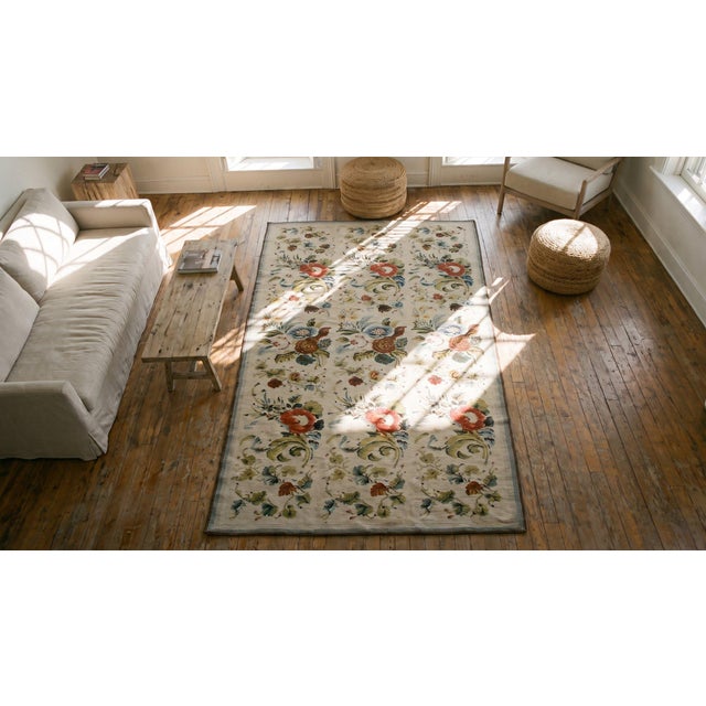 1890s White Ivory Floral Antique English Needlepoint Rug 5'9" X 12'8 Flatweave Wool Carpet For Sale In New York - Image 6 of 7