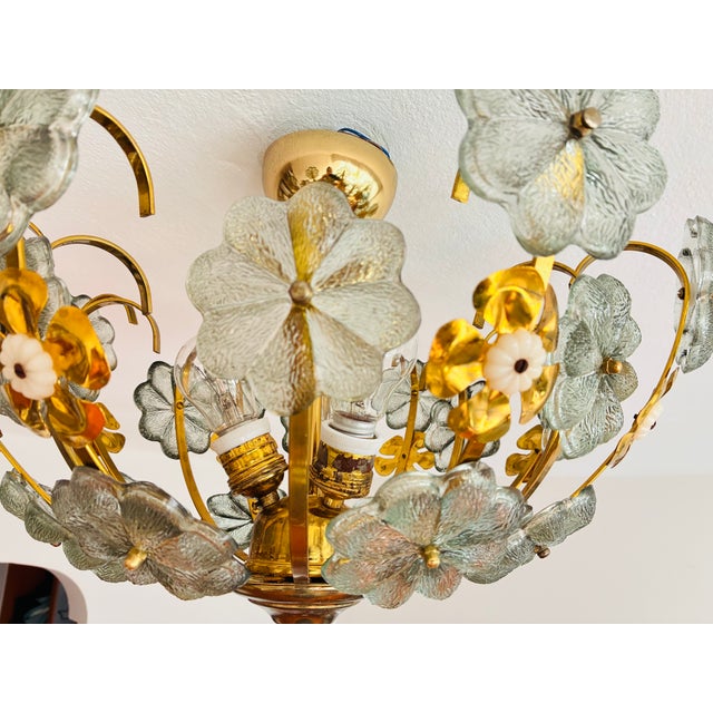 Vintage Italian Hand-Painted Sage Green Glass & Brass Floral Flush Mount Chandelier For Sale - Image 15 of 18