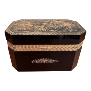 1950s Black Italian Murano Glass Hinged Casket Box With Signed Hand Painted Scene C1950s